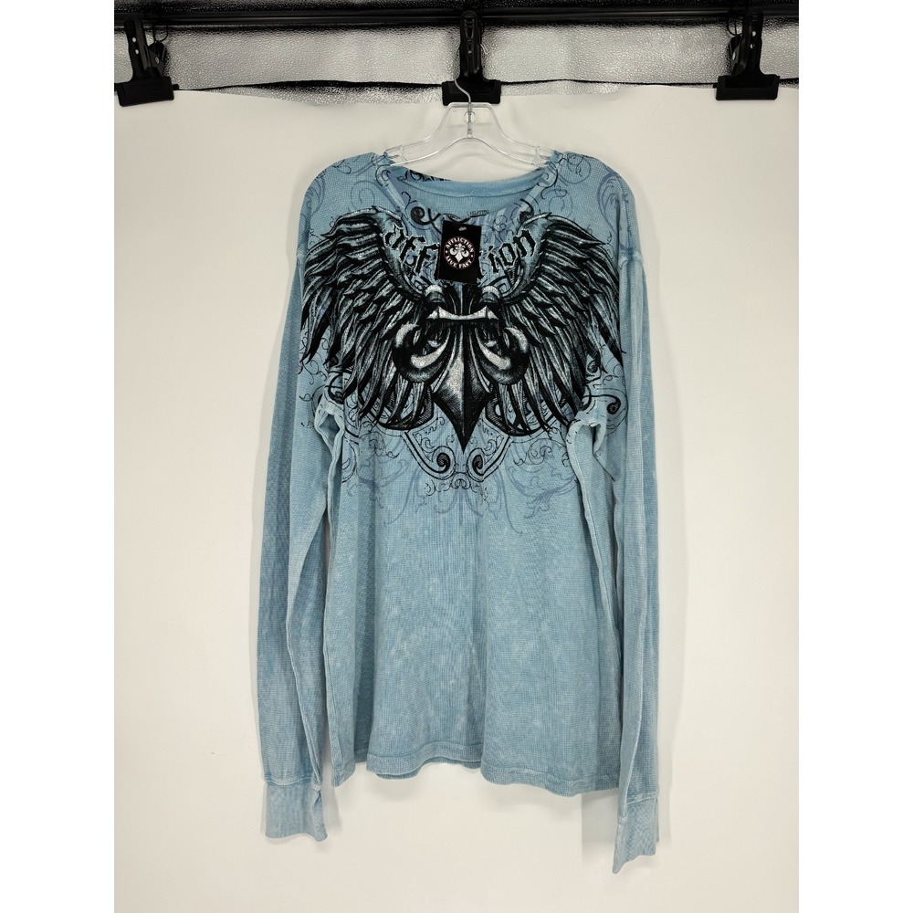 Affliction T Shirt Medium Thermal Waffle Knit Graphic Long Sleeve Wings Blue Y2K